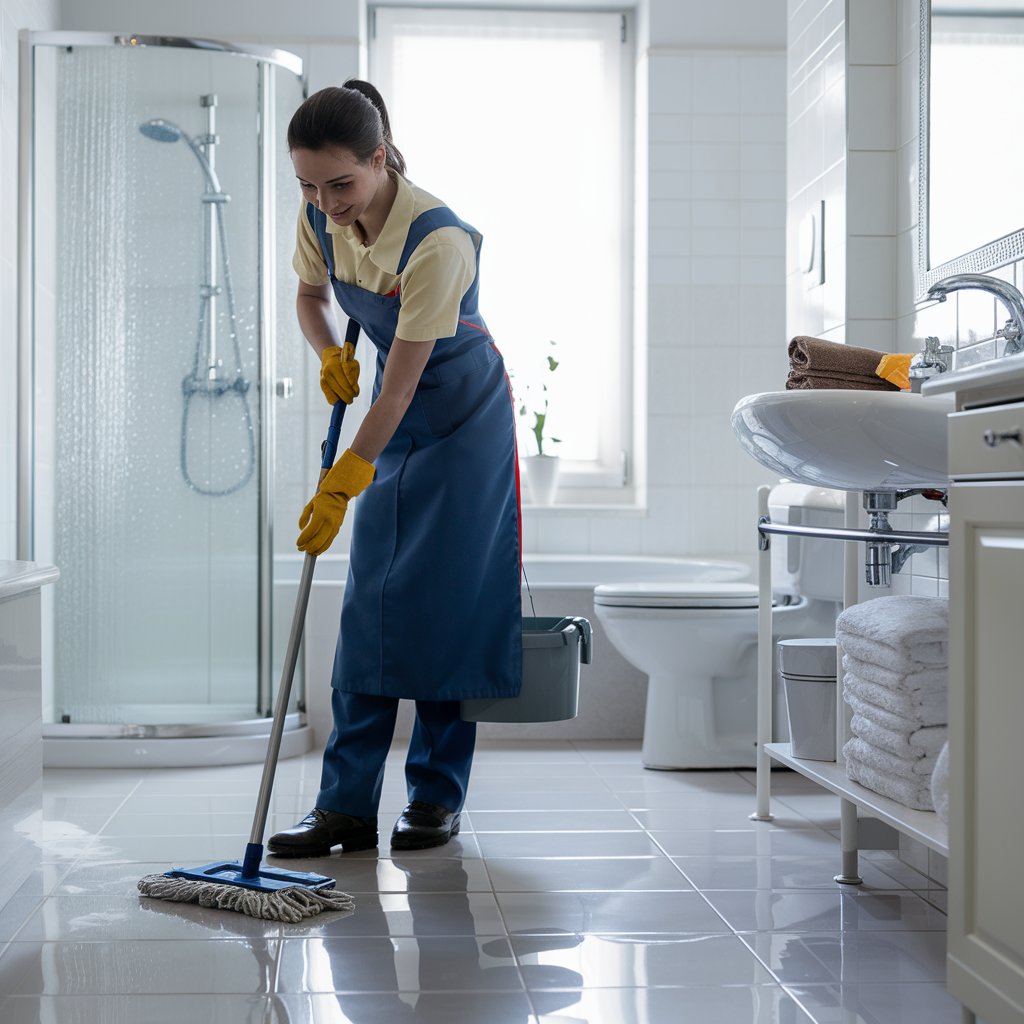femme de ménage qui nettoie une salle de bain serpillère 